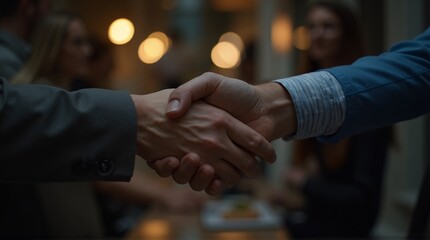 Professional handshake sealing a deal amidst blurred colleagues and warm ambient lights, symbolizing partnership and success in a modern business setting.