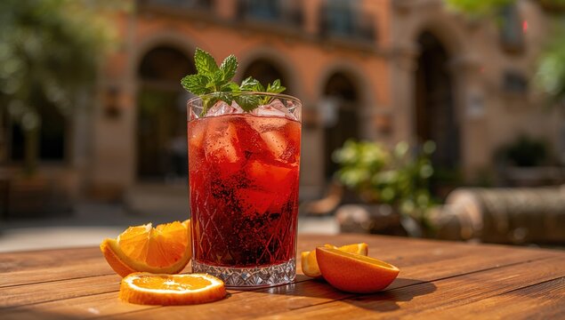 Chilled sangria served in warm sunlight, refreshing summer beverage