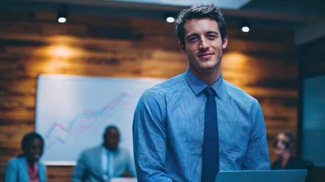 Confident young professional at office meeting, portrait of successful businessman in corporate environment