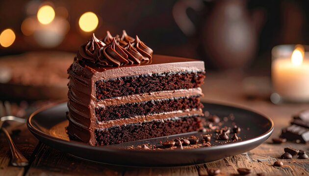 Decadent Four Layer Chocolate Cake with Rich Frosting and Coffee Beans on a Rustic Wooden Table with Soft Bokeh Lights and Candle Glow