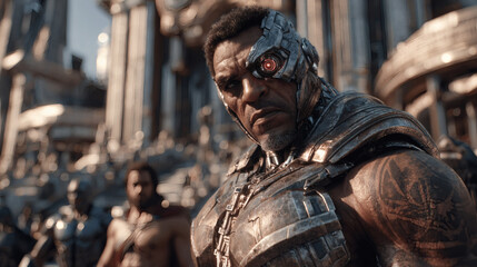 game characters. Action scene with soldiers in armor at war against invading monsters and aliens, science fiction. epic battle. High tech. AI generated image.