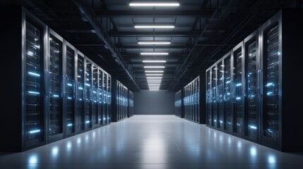 Server Room Data Center with Rows of Rack Servers, High-Tech IT Infrastructure, Cloud Computing
