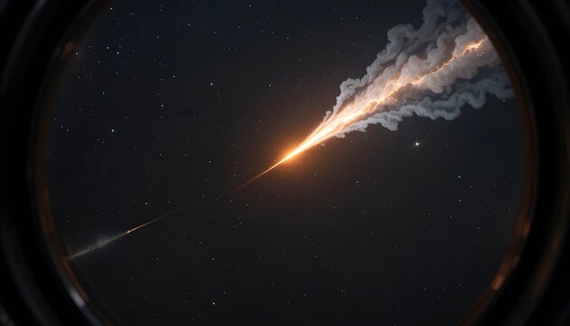 View from a spaceship window of a meteor shower streaking across the starry sky in deep space