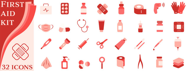 A set of icons in red and pink tones dedicated to medicine and first aid.