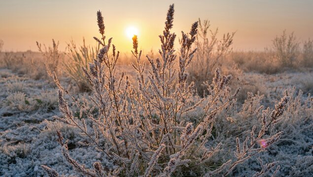 Morning hoarfrost on plants, seasonal change