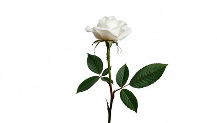 Obraz premium A solitary white rose with leaves and a bud against a white background, focusing on the delicate beauty of nature