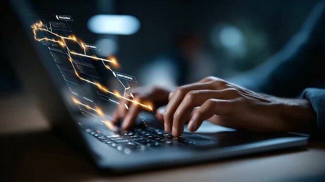 A professional types on a laptop with a project roadmap overlay hyper realistic waypoint icons with vivid details moody shadows on a desk bright saturation in goal visuals