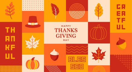Happy Thanksgiving Day banner with geometric symbols and holiday leaf, pumpkin, pie. Thanksgiving Autumn harvest 2025. Autumnal festive. Template for promotion, web, cards, flyers,  posters. Vector.