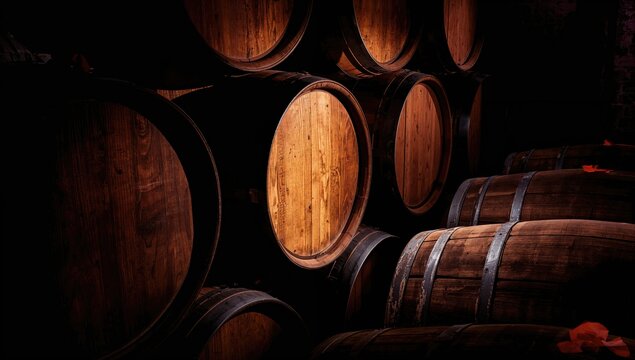 Illuminated wooden wine barrels create striking patterns in a dim cellar, highlighting the texture and dark hues