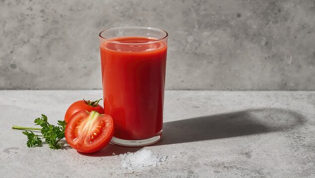 Freshly squeezed tomato beverage in a clear glass with cherry tomatoes, parsley, and a pinch of salt on a neutral surface