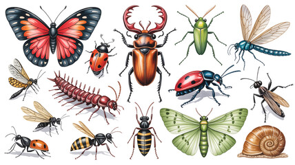 A detailed watercolor illustration of various insects arranged on a white background
