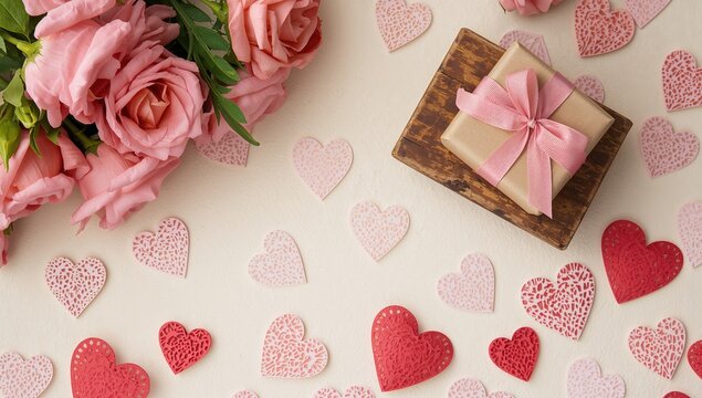 Romantic backdrop featuring pink rose blossoms, a ribbon, and handcrafted paper hearts - Powered by Adobe