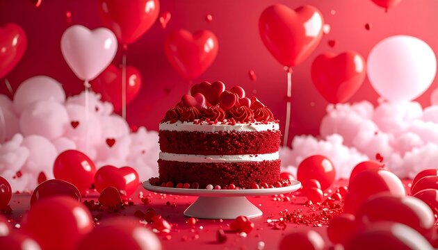Red velvet cake, heart-shaped balloons, soft lighting, set against a red backdrop, with a cloudlike mist