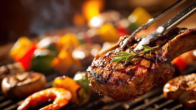 Grilled Bone-In Pork Chop with Vegetables on a Grill Rack, Close-Up