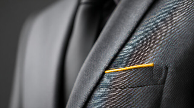 Close-up of a man wearing a dark suit with a yellow pocket square and black tie, highlighting fabric texture and formal attire details