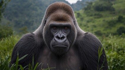 Obraz premium Front view of a large male gorilla surrounded by foliage, observing its environment, wildlife awareness