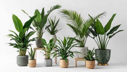 Fototapeta premium Indoor exotic plants displayed against a white backdrop, enhancing interior decor with vibrant greenery