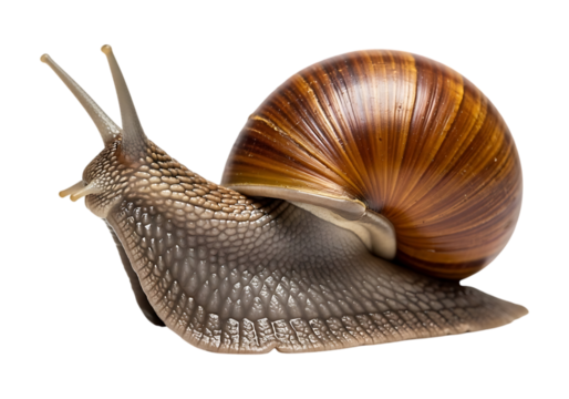 Garden snail with detailed shell isolated on transparent background