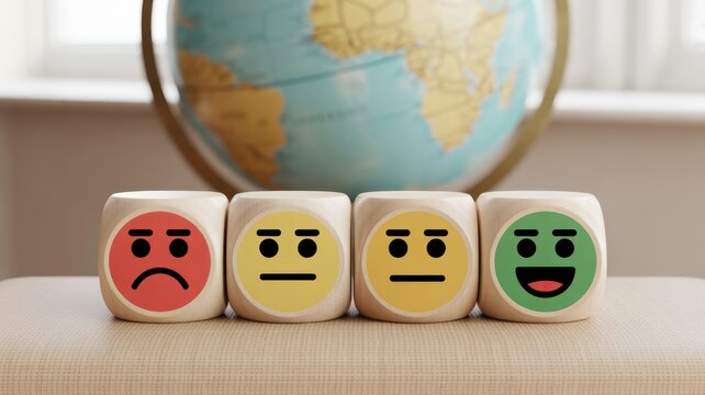 Emotional Spectrum: A collection of cubes, each emblazoned with a unique emotive face, and a globe, encapsulating the range of human sentiments and offering a glimpse into global perspectives.