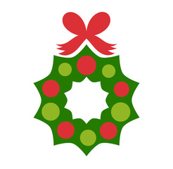 Christmas wreath with baubles and bow symbol. Happy Holidays design element. PNG illustration.