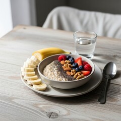 Healthy Breakfast Bowl with Oatmeal, Berries, and Banana Slices.