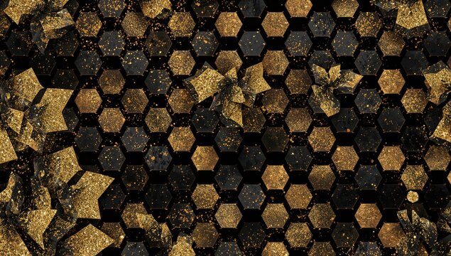 2D illustrated seamless geometric sparkle design featuring gold foil and gray watercolor shapes, ideal for editorial header background