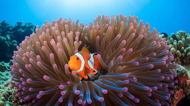 Clownfish and Anemone Symbiosis - A Vibrant Underwater Scene.