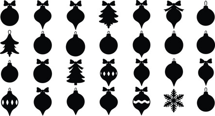 Christmas ornament silhouettes, black festive icons set, holiday decoration elements, baubles, tree shapes, snowflake design, vector illustration, isolated background