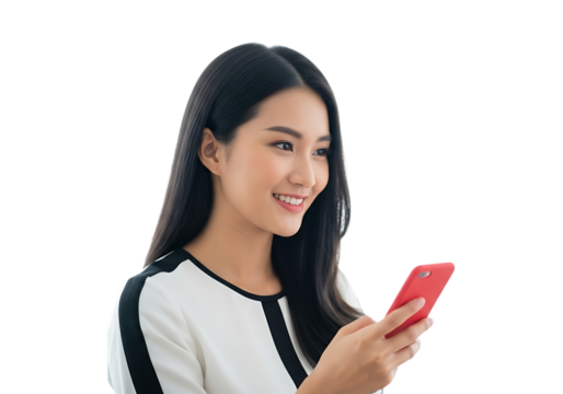 Young woman holding a red mobile device isolated on transparent background