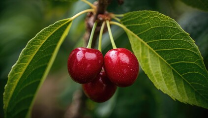Obraz premium Close-up view of cherries nestled among green leaves, showcasing a fiber-dense choice