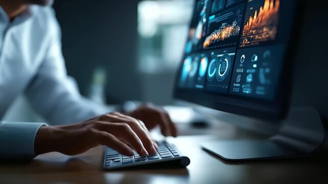 An executive uses a computer displaying analytics and innovation icons hyper realistic visuals with vivid details moody shadows on a desk bright saturation in growth symbols