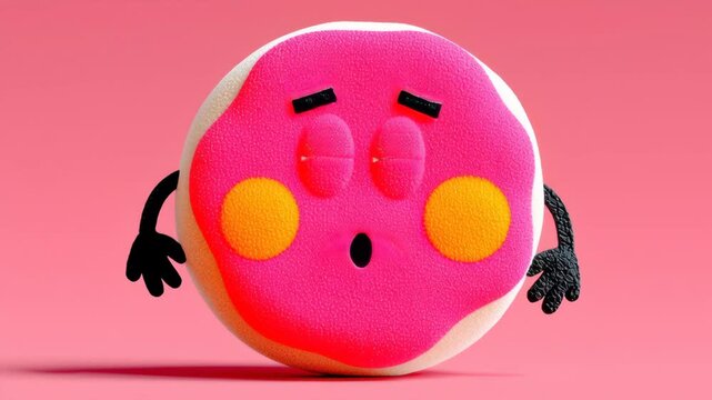 Animated character resembling a donut with expressive features, transitions from surprise to contemplation, showcasing emotional evolution, with a smooth camera zoom in emphasizing the character's rea