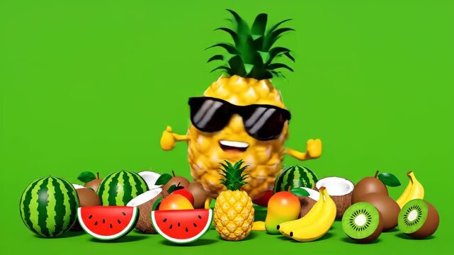 Fun pineapple character wearing sunglasses surrounded by various fresh tropical fruits on green background.