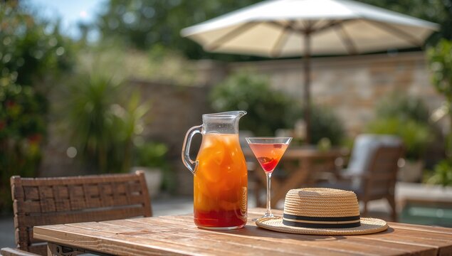 A wooden table featuring a jug of refreshing summer drink, a straw hat, and a parasol on a sunlit patio, backdrop for leisure and relaxation