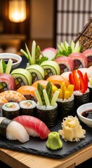 A vibrant and delicious assortment of fresh sushi and maki rolls on a slate platter in a Japanese restaurant.