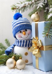 Festive snowman with blue gift box and ornaments isolated on white background