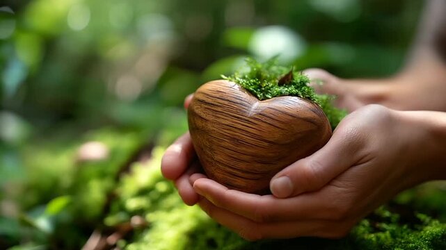 Hands hold a wooden heart with a wellness symbol hyper realistic engraving with vivid details moody shadows on a mossy background bright saturation in nature visuals wellness