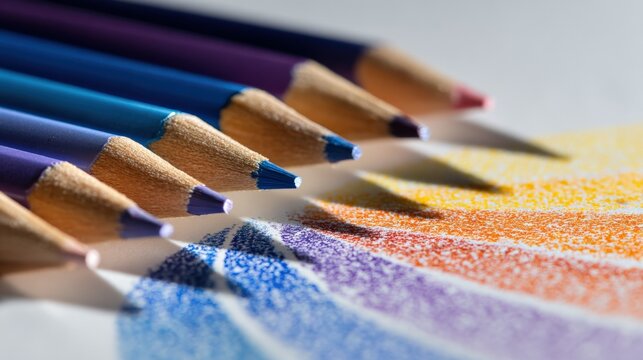 Colored pencils lined up with colorful scribbles on paper representing art and education concept