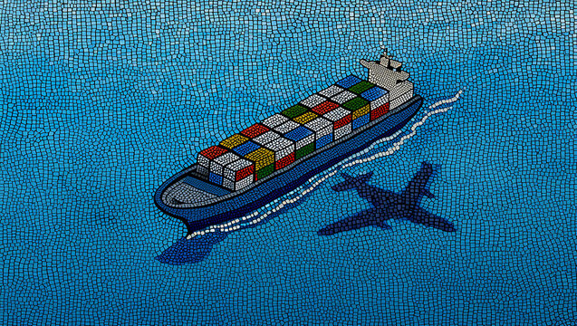 An artistic, textured image shows a container ship with the shadow of an airplane, symbolizing global connections.