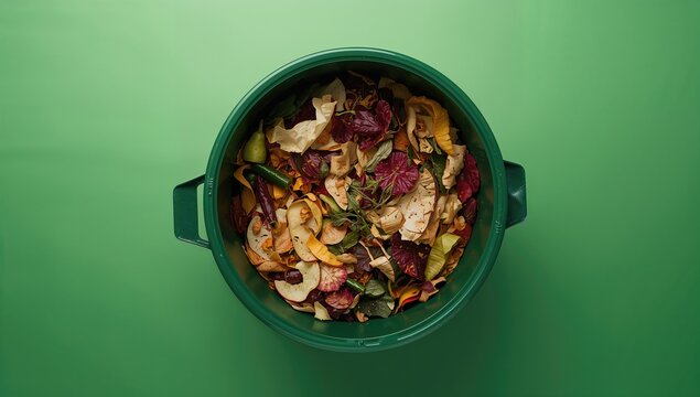 Sorted kitchen waste in compost bucket from above, green background, promoting eco-friendly practices - Powered by Adobe
