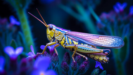 A macro photograph of a grasshopper perched on purple flowers, illuminated by a blue and purple glow effect.