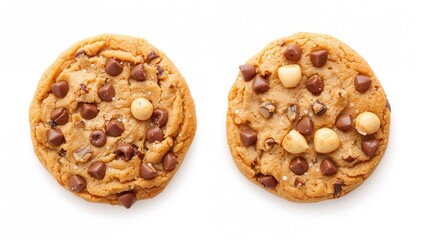 Chocolate chip cookies with hazelnuts on a white background, indulgent treat, National Cookie Day