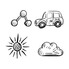 Collection of Hand-Drawn Icons Representing Science, Transportation, Weather, and Technology Concepts