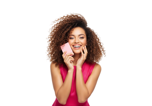 Young woman holding a pink device isolated on transparent background