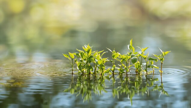 Fresh green rotala plants growing above water, beneficial aquatic vegetation