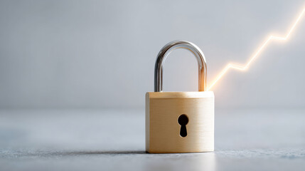 Naklejka premium Close-up of a brass padlock with a glowing lightning bolt symbolizing security and protection on a neutral background