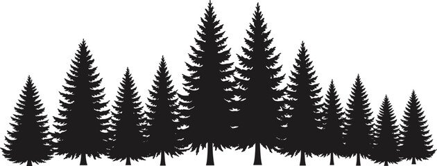 Dense pine forest silhouette, black conifer tree group, nature landscape illustration, evergreen woodland scene, vector graphic, isolated on white background