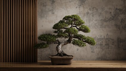 Fototapeta premium Bonsai tree positioned near a wooden wall, enhancing natural aesthetics