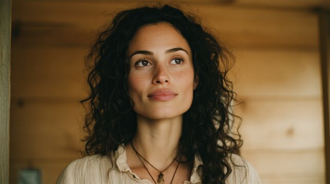 Portrait of a serene woman with curly hair, looking thoughtfully into the distance, capturing natural beauty