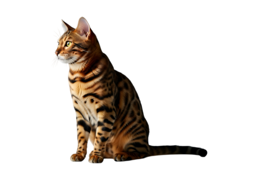 A majestic bengal cat sitting elegantly isolated on transparent background